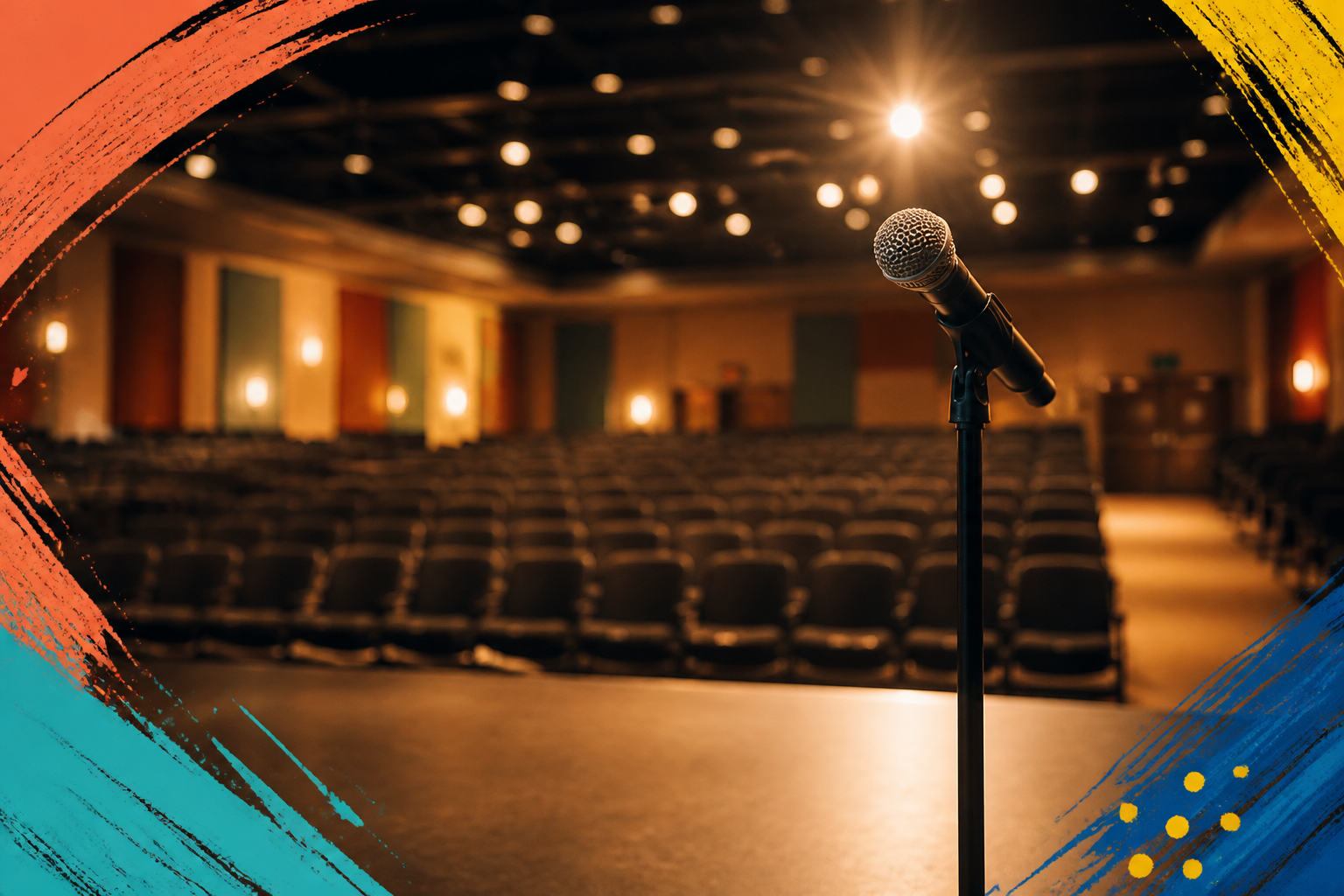 Microphone on a colorful auditorium stage